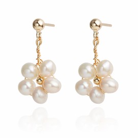 Handmade Wire Craft Freshwater Cultured Pearls Flower Dangling Drop Earrings, Sterling Silver Posts