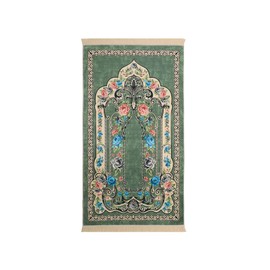 Muslim Prayer Rug | 25'' x 45'' Turkish Velvet Islamic Praying Mat for Men, Women, Kids | Patterned Janamaz Carpet Ramadan Sajadah Islam Namaz Rugs (Green III)