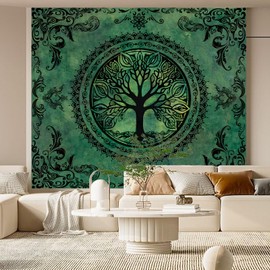 Extra Large Green Nature Tapestry for Bedroom Aesthetic, Big Hippie Ceiling Tree of Life Decor Tapestries Wall Hanging, Oversized Boho Bohemian Mandala Art Backdrop for Dorm Living Room (71"X90")