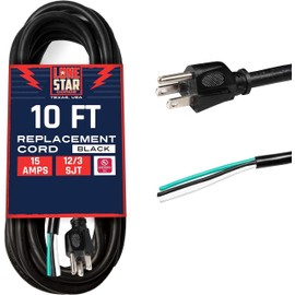 Lone Star 12 AWG Replacement Power Cord with Open End - 10 Ft Appliance and Power Tool Cord 15 Amp, 12/3 SJT, NEMA 5-15P - Texas Based American Business