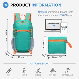 SUIKIHUM Hiking Daypack Packable, Camping Backpack Water Resistant Lightweight Polyester for Men Women Travel Outdoor, Lake Blue