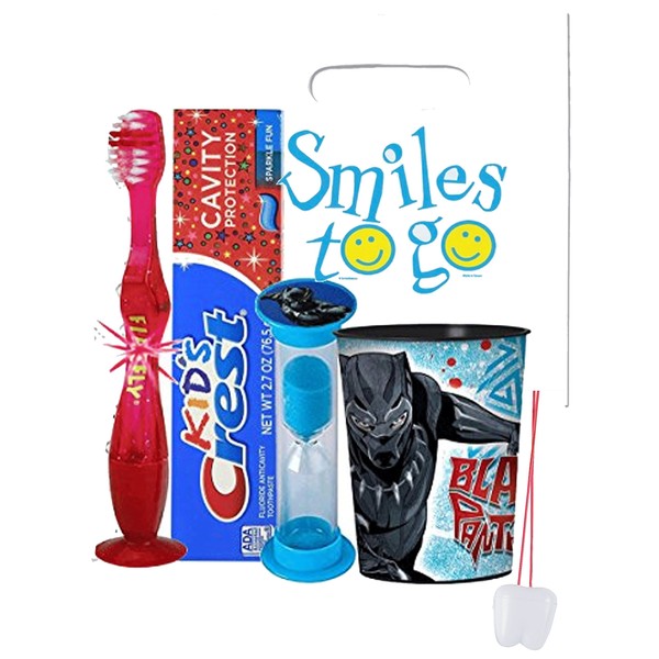 Black Panther Inspired 4pc Bright Smile Oral Hygiene Bundle! Light Up Toothbrush, Toothpaste, Brushing Timer & Mouthwash Rise Cup! Plus Dental Gift Bag &"Remember to Brush" Visual Aid!