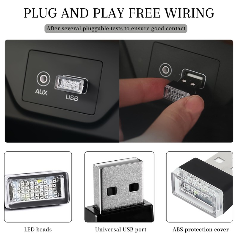 4 PCS USB LED Car Interior Atmosphere Lamp, Portable Mini