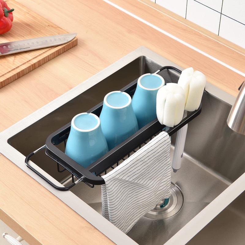 TOOLF Expandable Sink Caddy with Dish Towel Bar, Adjustable Over-The-Sink