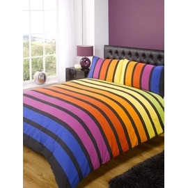 Soho Multi Stripe Duvet Cover Quilt Bedding Set, Blue Purple Orange Yellow Green, 2 pcs, Single Size - Bedroom Bed Linen by Rapport