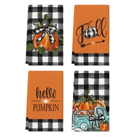 Artoid Mode Buffalo Plaid Truck Hello Pumpkin Fall Kitchen Towels Dish Towels, 18x26 Inch Farmhouse Thanksgiving Decoration Hand Towels Set of 4