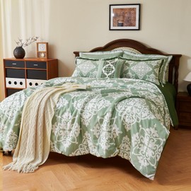 EVENHUG Queen Size Comforter Set 7 Pieces Damask Green Soft Bedding Sets for All Season Bed in a Bag with Comforter, Flat Sheet, Pillowcases (90"x90")
