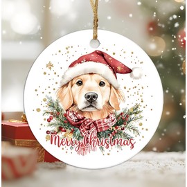 Golden Retriever Christmas Ornaments,Funny Cute Round Ceramic Christmas Decor,Gifts for Golden Retriever Lovers,Xmas Tree Decorative Hanging Ornament for Bedroom Living Room,2.87x2.87Inch