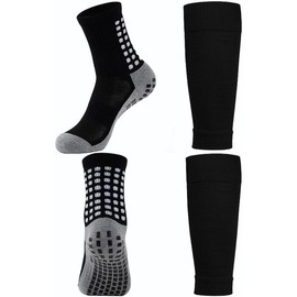1 Set  Grip Soccer Socks and Shin Guard Sleeves for  7-14 Youth Boys  Football Basketball - Color: Black+White