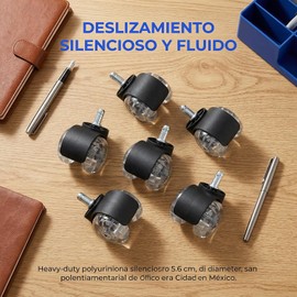 Nuestras ruedas silenciosas para sillas de oficina se adaptan a la mayoría de sillas (diámetro de tubo: 2.2 cm). Ideales para sillas ergonómicas, gamer o ejecutivas.