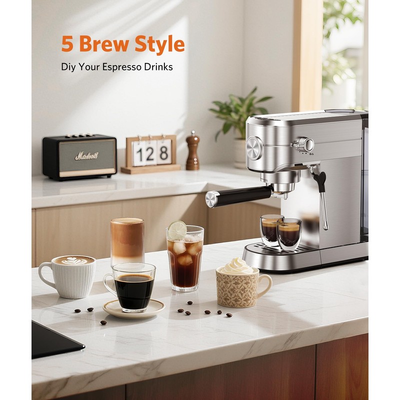 Espresso Machine 20 Bar,Compact Espresso Machine with Milk Frother,Stainless Steel