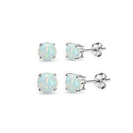 2 Pair Set Sterling Silver Synthetic White Opal Round Stud Earrings for Women, 4mm 6mm