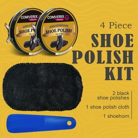 COMVERIX Black Shoe Polish (2 Pack 50ml 1.76oz),Shoe Cleaning Kit with Shoe Cream, Shine Cloth, Durable Shoe Horn, Make shoes High-Gloss Finish, Waterproof UV Protection.