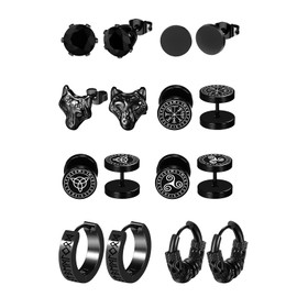 Flongo Viking Wolf Head Earrings for Men: 8 Pairs Stainless Steel Celtic Stud Earrings Set Vintage Huggie Hoop Earrings Nordic Runes Fake Plugs Black Gothic Earrings, Stainless Steel