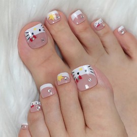 BABALAL Toe Nails Press on White French Tip Fake Toenails with Design Acrylic Toe Nails Cute Kitten False Toenails 24Pcs Thick Stick on Toenails for Women Girls Kids Diy Full Cover Toenails Tip Art