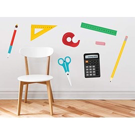 School Supplies Fabric Wall Decals - Set of 8 with Ruler, Scissors, Calculator, Pencil, Pen, Eraser, Triangle, Tape Dispenser - Removable, Reusable, Respositionable