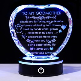 YWHL Godmother Gifts from Godchild with Colorful LED Base Best Heart Crystal Keepsakes Godmother Gift Idea from Goddaughter Godson for Mothers Day, Christmas, Birthday, Thanksgiving