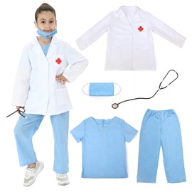 Lingway Toys Ropa de juego de rol para médicos infantiles, blusa blanca con blusa azul, pantalones y accesorios para niños de 3/4 años