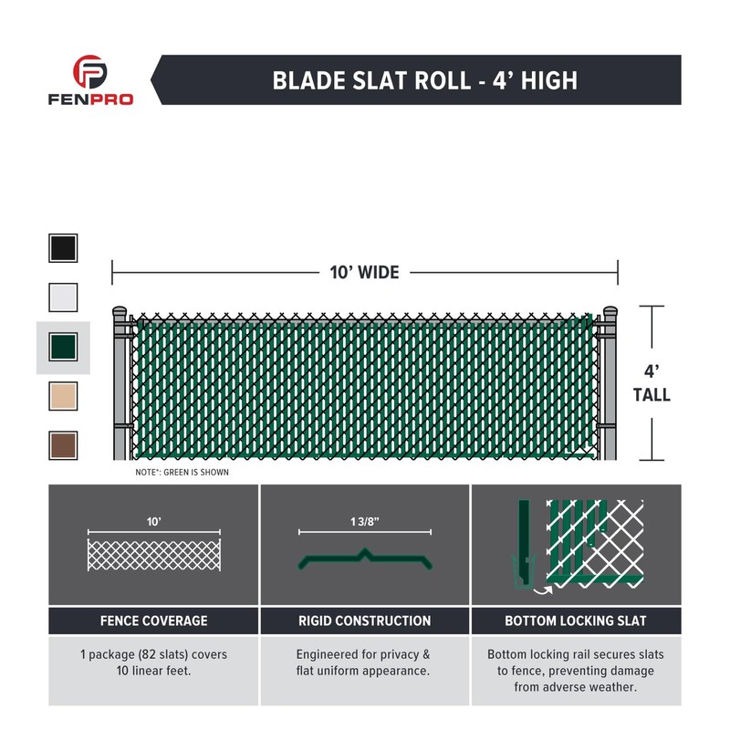Chain-Link Fence Blade Slats with Bottom Lock (4-ft, Green)