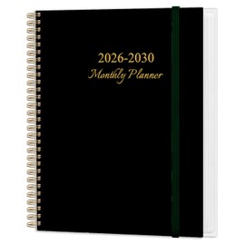 Agenda mensual 2026-2030, calendario de cinco años de enero de 2026 a diciembre de 2030 con encuadernación en espiral, bolsillo interior, cierre elástico, planificador de 60 meses para el hogar