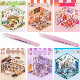 JEYORZY 6 Sets 3D House Stickers, Miniature House Stickers, 3D Sticker Scene, House Stickers Make Your Own, Reusable Stickers, Relief Stress for Adults and Children