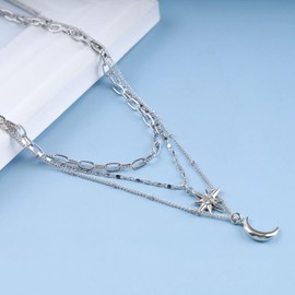 TseenYi Moon Star Layered Necklace Crystal Crescent Star Choker Necklace Small Star Moon Necklace Layering Papercilp Chain Necklace Jewellery for Women and Girls Gifts (Silver)