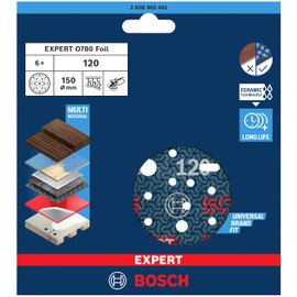 Bosch 6 x Expert O780 Film Sanding Disc, 150 mm (for Hardwood, Paint on Wood, Diameter 150 mm, Grit 120, Professional Accessories, Random Orbital Sander)