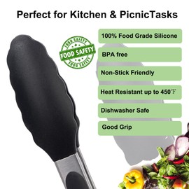 Obsoorth Stainless Steel Kitchen Tongs for Cooking with Silicone Tips Set of 3 (7, 9, 12 Inches) Heavy Duty Grilling Locking in Kitchen BBQ Air Fryer Nonstick Cookware (Black)