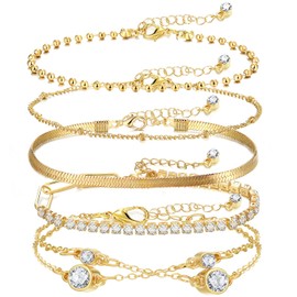 IFKM 5pcs Dainty Bracelets for Women, 14K Gold Plated Layered Adjustable Link Bracelets Cute Tennis CZ Twisted bead Snake Chain Bracelet Layered Charm Jewelry Gift