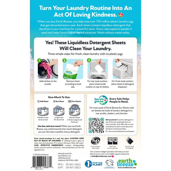 Earth Breeze - Hojas de detergente para ropa sin líquido - Aroma fresco - Sin jarra de plástico (120 cargas) 60 hojas (paquete de 2)