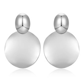 FAMARINE Silver Big Disc Statement Earrings Smooth Round Hammered Dangle Earrings for Women Earrings Fashion Jewelry