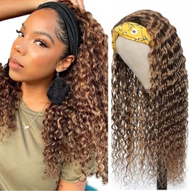 P4/27 Deep Wave Headband Wig Brown And Honey Blonde Human Hair Headband Wig 130% Density Grade 8A Brazilian Remy Hair Machine Made Wigs 18 Inch