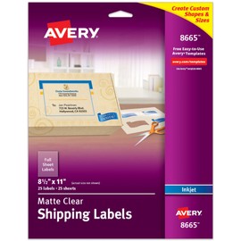 Avery Full Sheet Printable Shipping Labels, 8.5" x 11", Matte Clear, Inkjet, Create Custom Labels Using Scissors or Electronic Cutting Machines, 25 Total (8665)