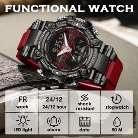 findtime Mens Sports Watch Military Watches for Men Digital Watch Waterproof Watches for Men Rugged Watch with LED Backlight Alarm Stopwatch, Red