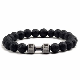 Aktully Black Dumbbell Bracelet for Men Gym Bracelets Volcanic Lava Beads Dumbbell Bracelets Fitness Barbell Bracelet for Men Women Jewelry Gifts (Grey)