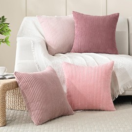 Volcanics 4 Packs Pink Cushion Covers 45x45 cm (18x18 Inch) for Living Room Couch Bed Sofa, Rustic Farmhouse Boho Home Decor, Soft Plush Striped Corduroy Square Throw Pillow Covers
