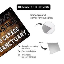 Vintage Man Cave Decor - Funny Metal Tin Sign: 'A Man's Home Is His Castle, But His Garage Is His Sanctuary' - 8x12 inch Wall Decor for Men's Garage or Cafe Bar