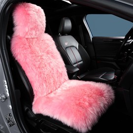 OGLAND Fluffy Sheepskin Fur Car Seat Cover, Universal Size Soft Long Wool Car Seat Cushion for Adult Man Women, 1 Front Seat(Pink)