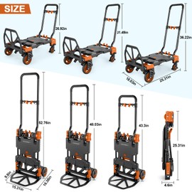 2-in-1 Folding Hand Truck Dolly 330LB Load Carrying, Hand Truck Foldable Dolly with Retractable Handle and 4 Rubber Wheels, Portable Folding Hand Cart for Moving/Travel/Office(Orange)