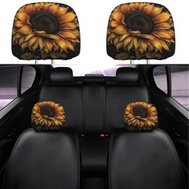 Dujiea 2 Pack Vintage Sunflower Car Headrest Covers, Universal Soft Car Seat Head Rest Cover Protector, Vehicle Accessories Fabric Headrest Cover for Cars Vans Trucks