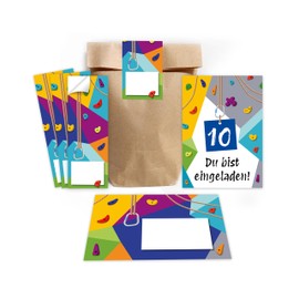 Minkocards 12 Invitations for 10th Children's Birthday Climbing Bouldering Girls Boys Invitations with 12 Envelopes, 12 Party Bags/Natural, 12 Stickers