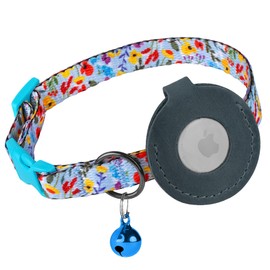 Airtag Cat Collar with Bell - Non Breakaway Soft Pet Collar with Leather Air Tag Holder - Adjustable GPS Anti-Lost Collars for Girl Boy Cats Kitten Puppies, Lightweight and Patterned (Blue Flowers)