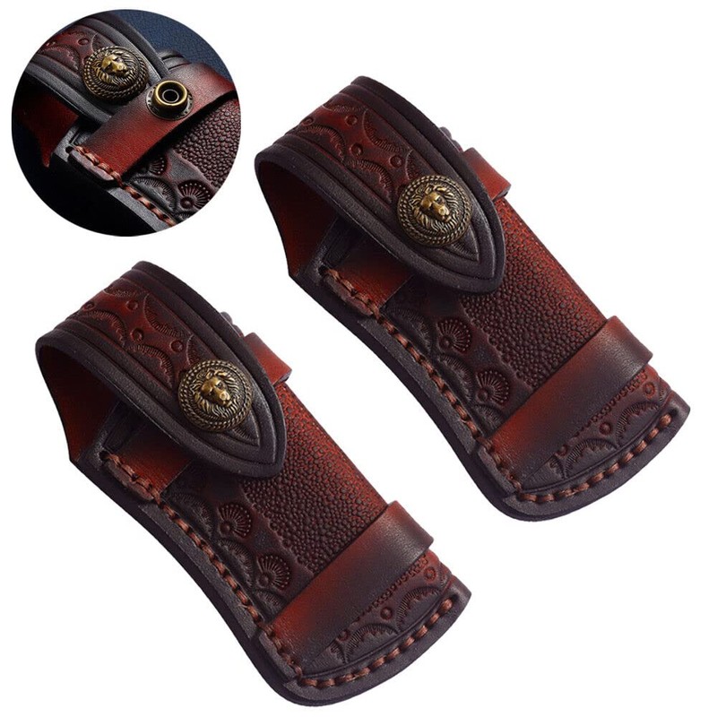 2PC Hand Made Carved Leather Sheath for Folding Knife Cover