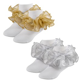MKYSZLT Girls Ruffle Socks Toddler Girl Gold Shiny Double Lace Frilly Socks White Dress Sock Cotton Turn Cuff Pageant Church Sock for Little Kids Girl 2 pack (Age: 6-8 Years Old, Gold, Silver)