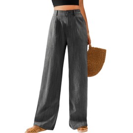 Feiersi Womens Casual Wide Leg Pants High Waisted Button Down Straight Long Trousers Palazzo Pants(Linen Black,Large)
