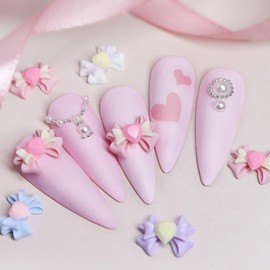 Cute Bow Nail Charm with Rhinestones 3D Bow Nail Art Charms Supply Bowknot Flat Back Design Pink Blue Purple Black Bows Nail Jewels Set for Nail Art DIY Manicure Valentines Day Nail Decoration