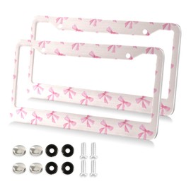 Coikll Pink Bow License Plate 2 Holes Frame Rustproof Aluminium Car Tag Covers Car License Plate Holders with Screws for Car Accessories -Round Hole