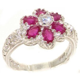 Solid 925 Sterling Silver Womens Ruby & Cubic Zirconia CZ Vintage Art Nouveau Flower Engagement Ring - Size 6