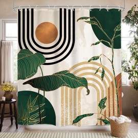 Glawry Extra Long Shower Curtain 72Wx84L Inches Boho Abstract Mid Century Green Tropical Palm Tree Bathroom Minimalist Modern Aesthetic Geometric Bath Accessories Art Home Decor Fabric 12 Pack Hooks