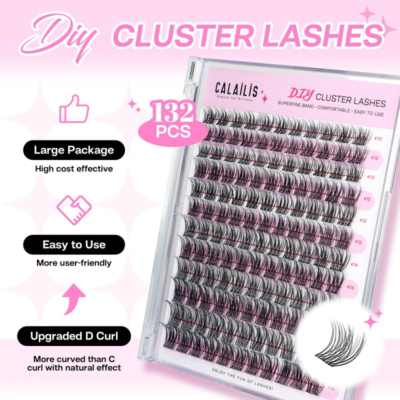 CALAILIS Individual Eyelashes, 132 Pieces, DIY Cluster Eyelashes, D Curl,